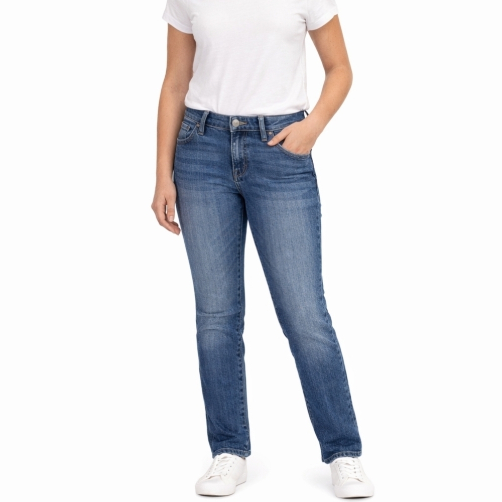 JCP JC Penny Slim Straight Denim Blue Jeans Women's 4 Petite Sandblasted EUC